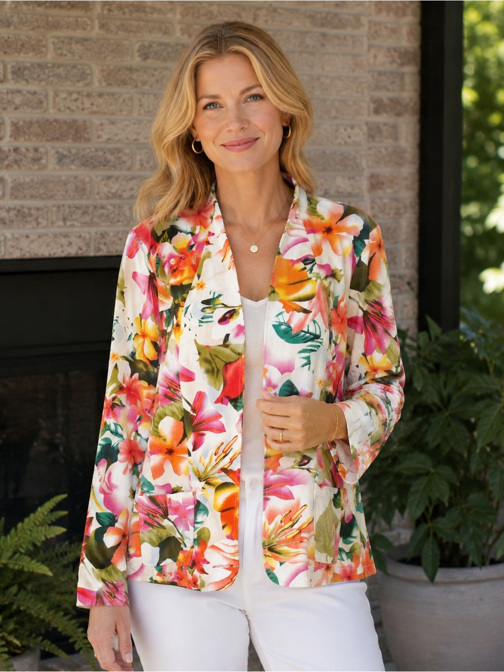 Coldwater Creek Tropical Floral Open Front Jacket Blazer XL NWOT